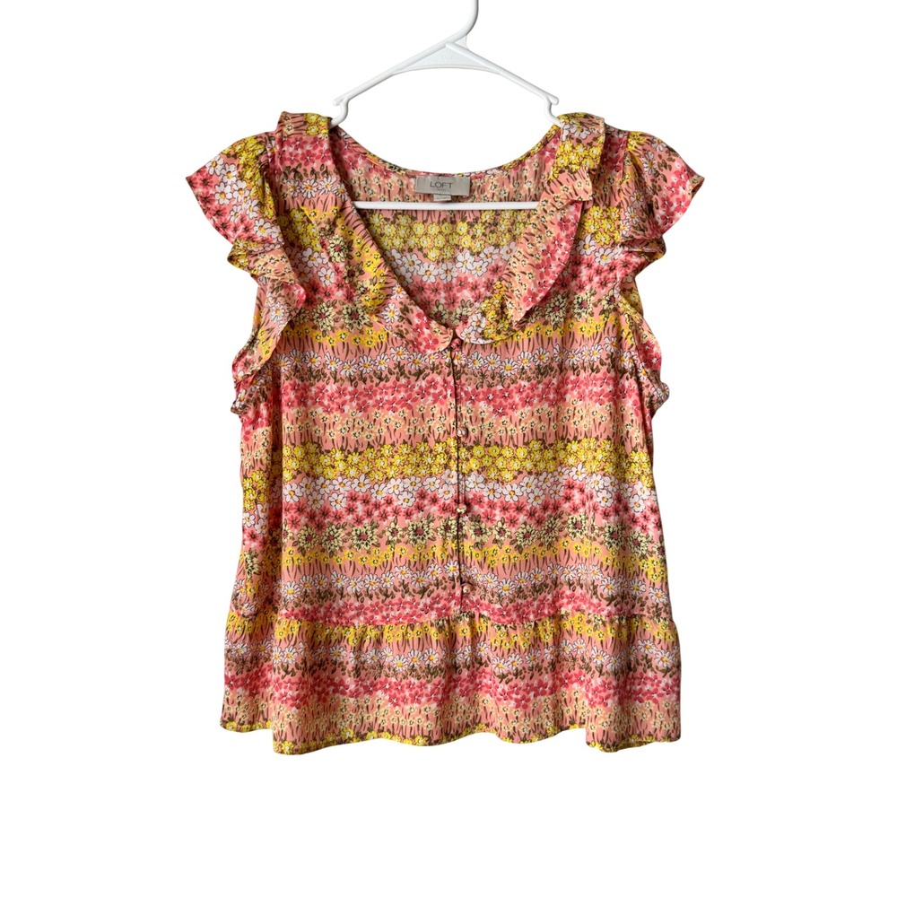 LOFT Outlet Pink Yellow Floral Ruffle Flutter Sleeve Peplum Blouse Medium